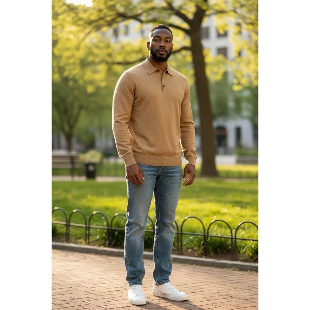 Murano XL 100% Merino Wool Camel Long Sleeve Polo Sweater Men's Australia‎